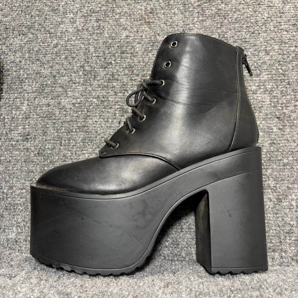 Womens Black Platform Heels Faux Leather Lace Up Chunky Ankle Boots Size 7